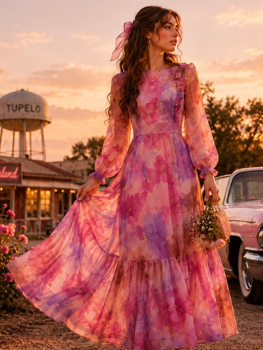 Vintage 1960s/70s Watercolor Floral Chiffon Maxi Dress XS Romantic Southern Glam
